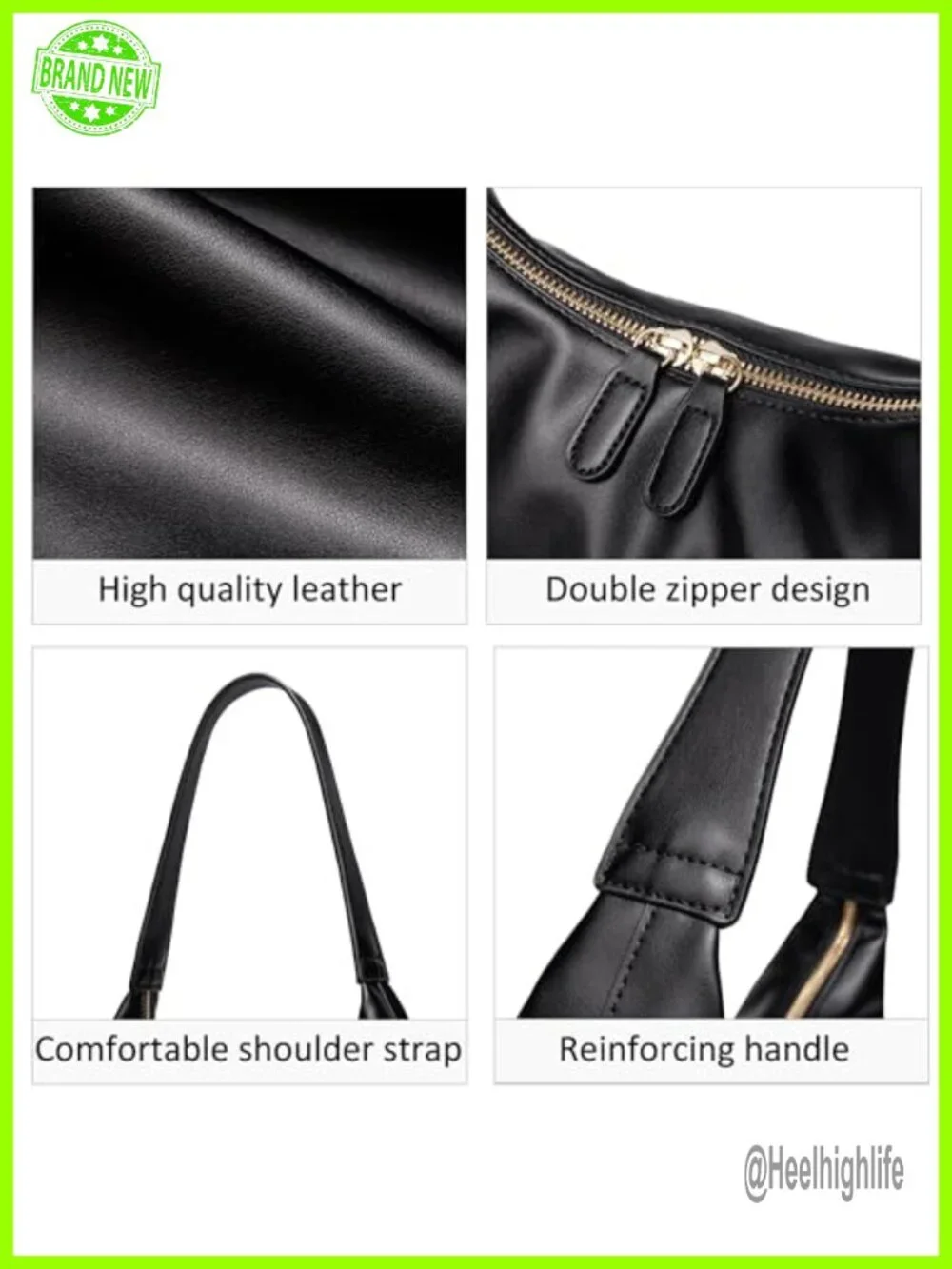 Faux Leather Hobo Shoulder Bag Double Zipper Tote Handbag